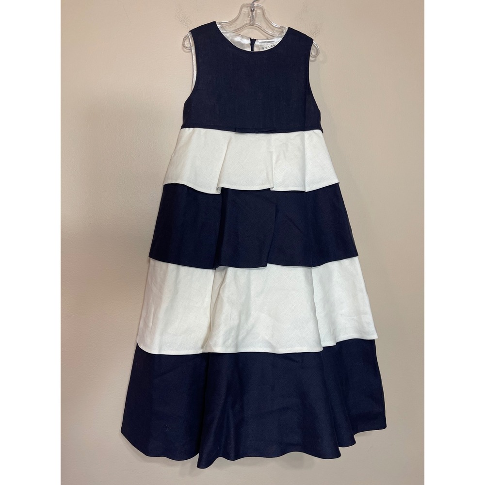 Helena Girls Navy White Linen‎ Tiered Maxi Dress Flower Girl Formal Size 6X USA